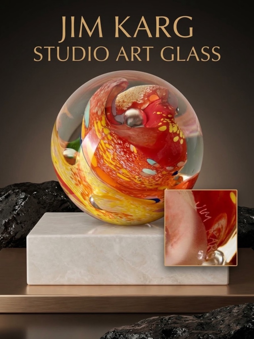 Jim Karg Studio Art Glass Paperweight Bubble Red Multicolor Swirl Hand Blown
